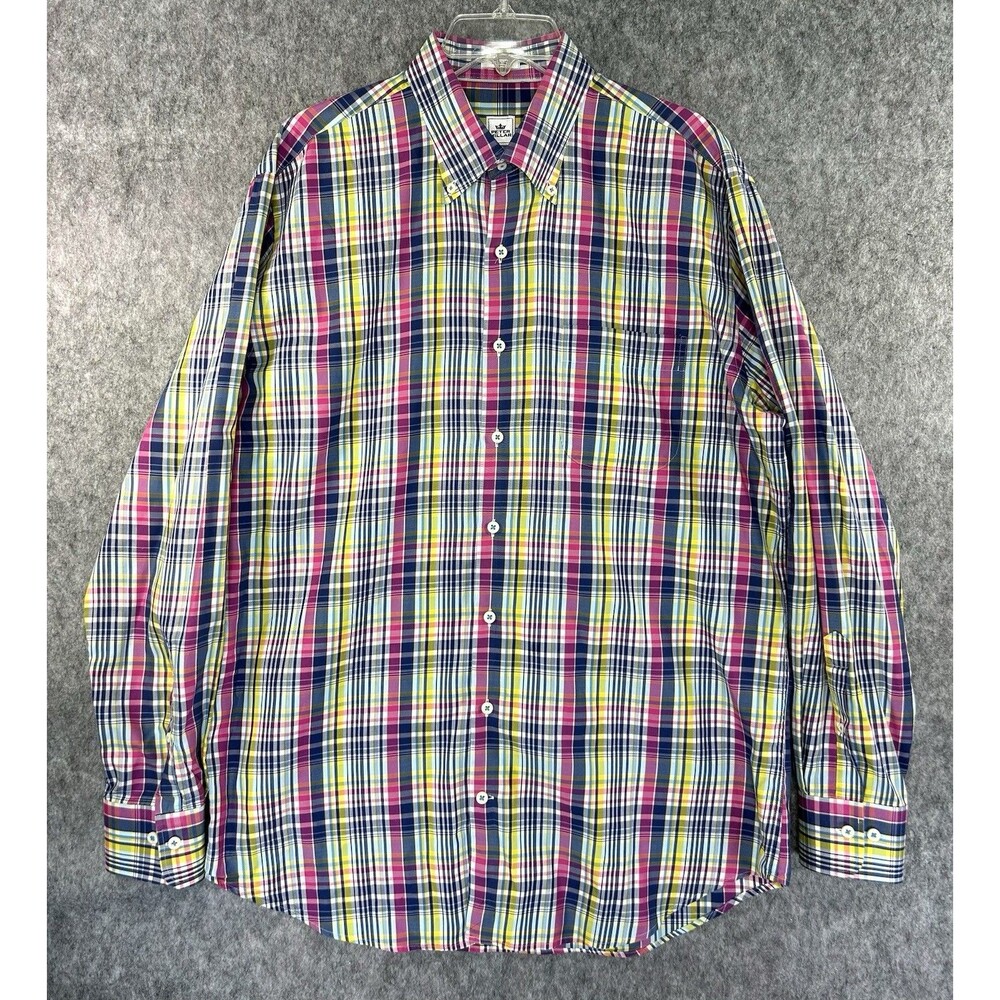 Peter Millar Dress Shirt Men’s Large Cotton Pink Blue Plaid Long Sleeve
